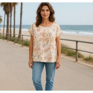 Vince Camuto Top Womens 2X Plus Ivory Floral  Flutter Sleeve Cottagecore Flowy